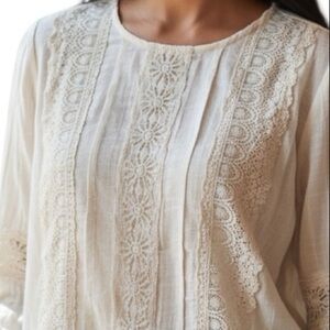 FSL + Apparel Ivory Lace Trim Boho Blouse Sz L Cottagecore Romantic Rayon Top